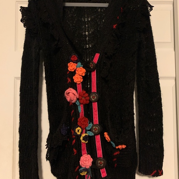 Vtg Betsey Johnson mohair lace ruffle sweater 90s cardigan anthro UO floral - Picture 7 of 8